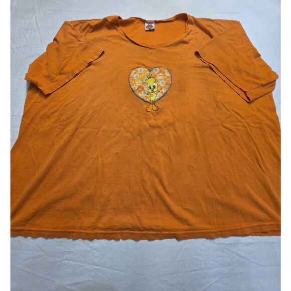 Looney Tunes Tweety Bird Embroidered Orange Short Sleeve T-Shirt Size Large - Picture 1 of 7